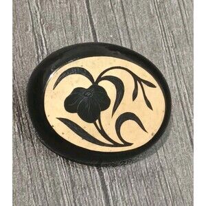 Black Bakelite Etched Flower Cream Color 1920s - 1930s Vintage Brooch